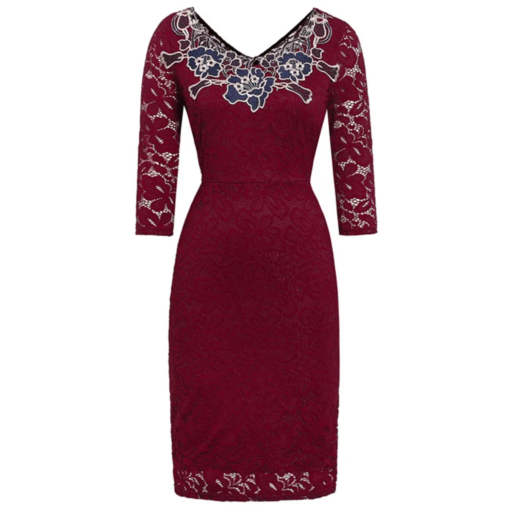 Dress Women's Dress Polyester Dress Women Lace Formal Long Sleeve V-Neck Womens Dresses Autumn Spring Dress For Women