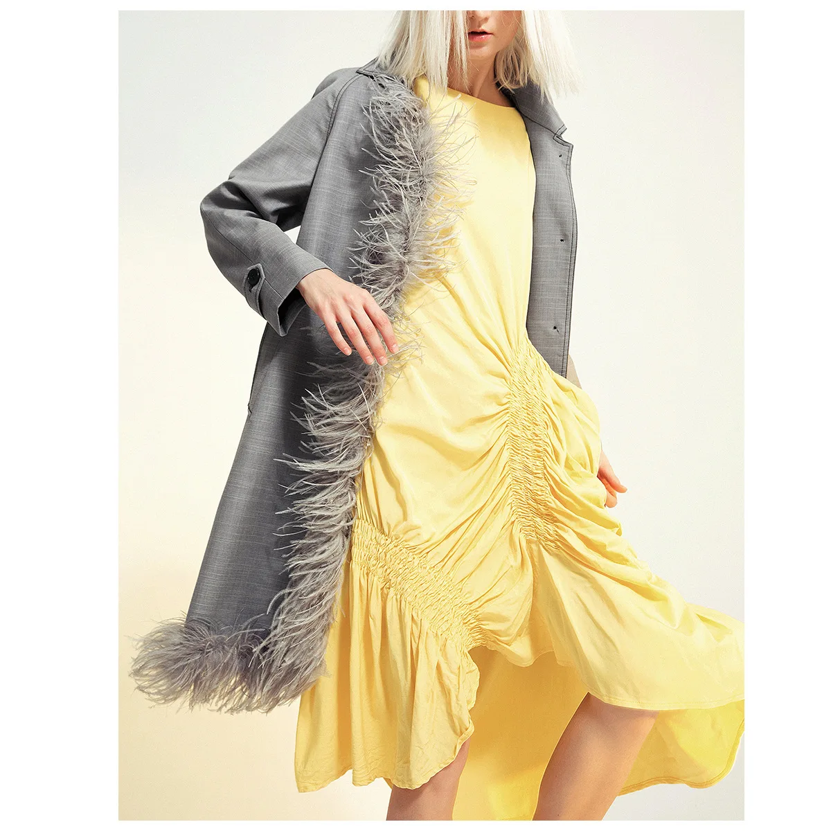 GETSPRING Women Coat Women Trench Coats Feather Patchwork Irregular Long Overcoat Gray Vintage Winter Trench Coats Women 2019