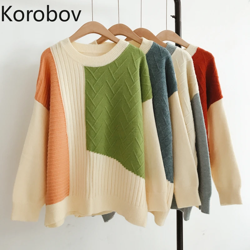 

Korobov Women Sweater Korean Elegant Long Sleeve Patchwork O Neck Pullover Korean Hit Color Chic Knit Sweater Sueter Mujer 78870