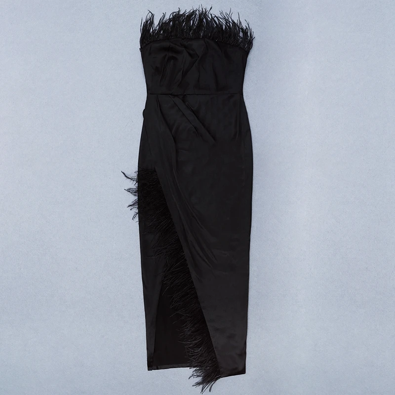 INDRESSME Autumn New Fashion Women Sexy Vestidos Feather Strapless Sleeveless Bodycon Gown Slit Party Club Long Satin Dress