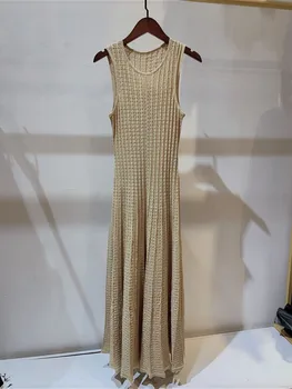 

2020 New Women Knitted Pleated Midi Dress Ladies O-neck Sleeveless Hollow Out Knitwear Female Long Dresses
