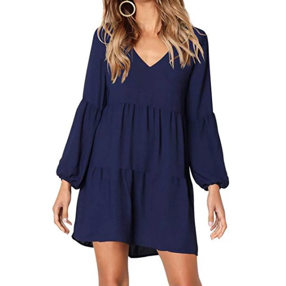 

JAYCOSIN Hot Selling 2019 Women Autumn Dress Casual Style Solid Color Beach Dresses Tunic Sundress Knee-Length Party Vestido