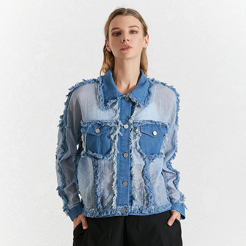 TWOTWINSTYLE джинсовая Лоскутная рубашка женская с отворотом воротник длинный рукав перспективная кисточка Повседневная Женская блузка модная новинка