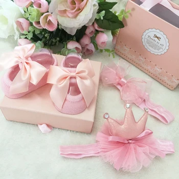 

Baby Solid Color Lace Baby Socks Bow Princess Cute Baby Bowknot Socks+ Hair Band Set Photo Props Baby Shower