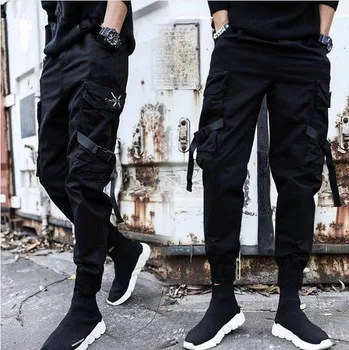 

Streetwear Ribbons Casual Pants Men Black Slim Men's Joggers Pants Side-pockets Cotton Man Trousers Cargo Pants Men 2019 SA-8