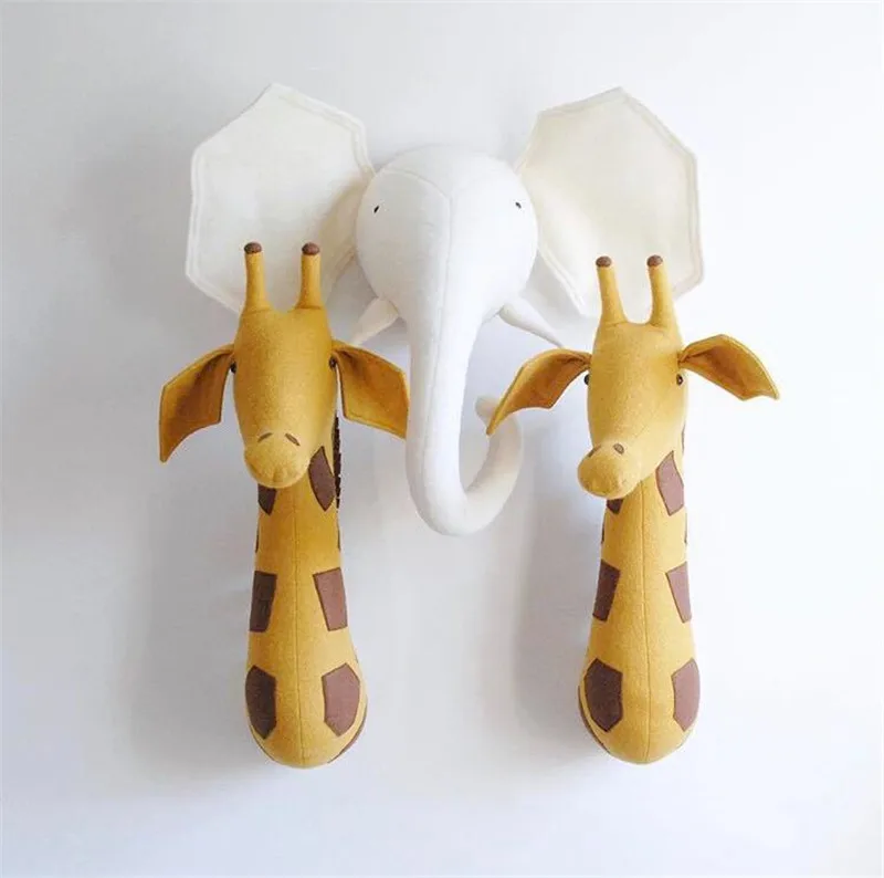 Giraffe Elephant Zebra 3D Animal Heads Wall Mount Hanging Stuff Plush Felt Artwork Kindergarten Kids Room Decor Dolls Photo Props (12)