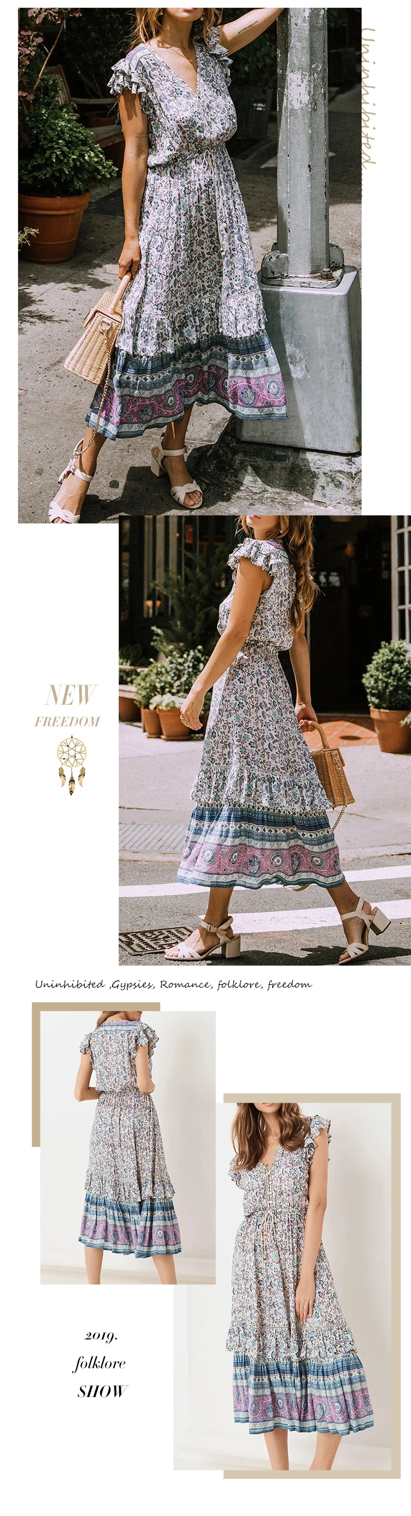 Everkaki Boho длинное платье с цветочным принтом женские пояса регулируемая талия v-образный вырез цыганские женские платья-Макси женские Осень новинка