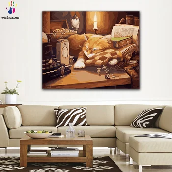 

DIY colorings pictures by numbers with colors Sleeping cat on the table picture drawing painting by numbers framed Home