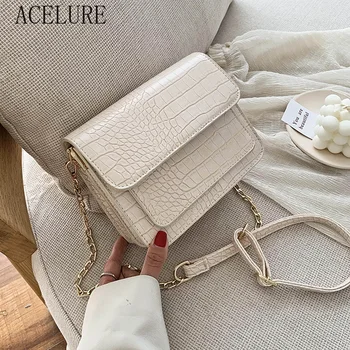 

ACELURE Crocodile Pattern PU Leather Flap Bags for Women Small Simple Metal Chain Shoulder Crossbody Bags Aldies Handbags Purse