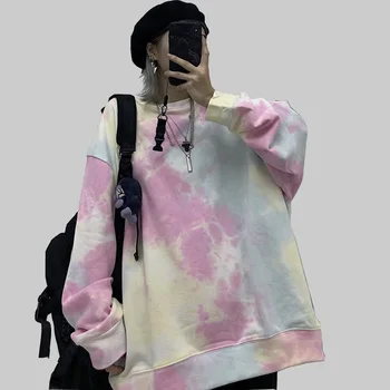 

Autumn Harajuku Long Sleeve Shirt O Neck College Student Oversize hoodies Tie dyed Pullover Loose Hip Hop Vintage Sweatshirt