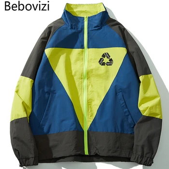 

Bebovizi 2019 Autumn Men Fashion Patchwork Zip Up Coat Jackets Hip Hop Harajuku Streetwear Track Collarless Jacket Windbreaker