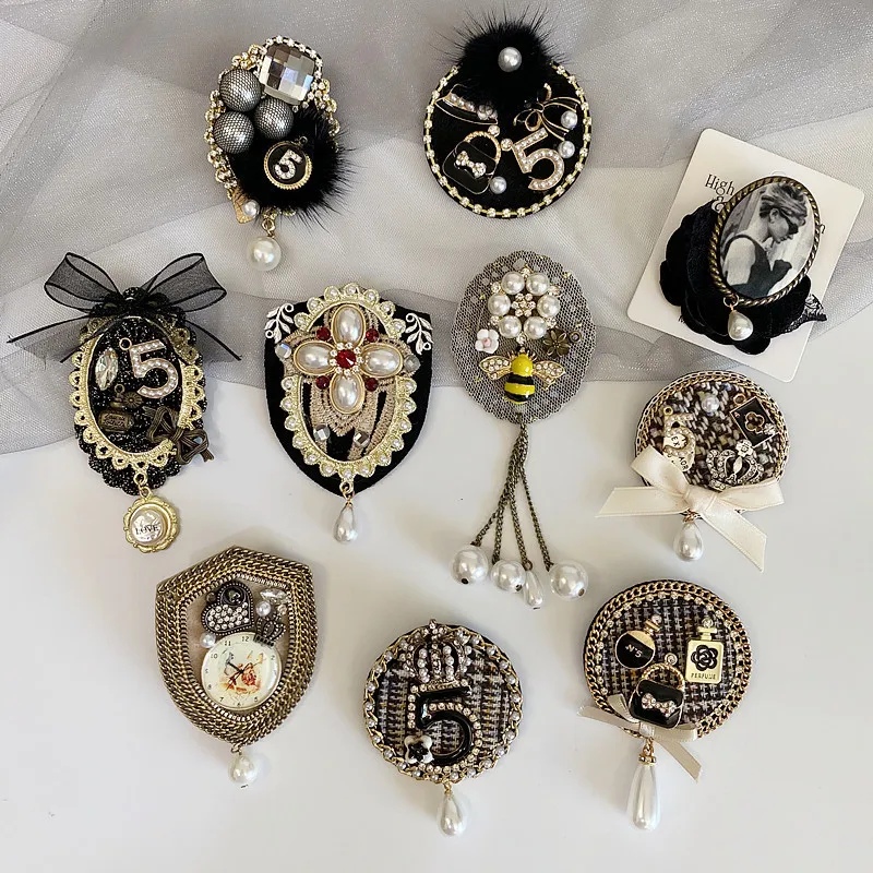 new arrival brand designer number 5 brooch luxury pearl rhinestone baroque  brooch pins retro accessories for women - AliExpress
