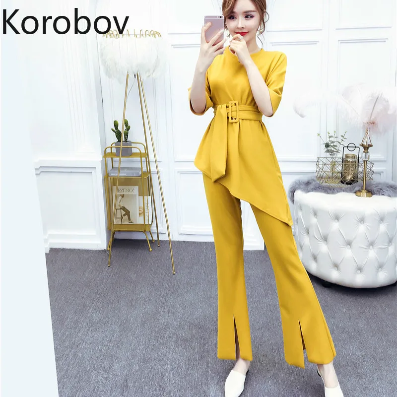

Korobov Autumn Women Pants 2 Piece Set O Neck Short Sleeve Sashes Irregular Top and Split Flare Pants OL Knit Female Suits 78734