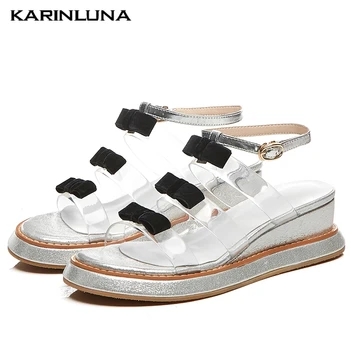 

Karinluna On Sale Fashion Sweet Bow Transparent PVC Wedges Heels Summer women's Sandals Shoes Woman