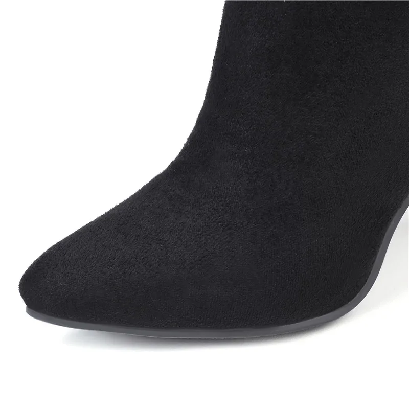 MoonMeek/ г. Новые сапоги до колена обувь из флока на высоком каблуке с острым носком осенне-зимние сапоги классические женские сапоги для выпускного вечера