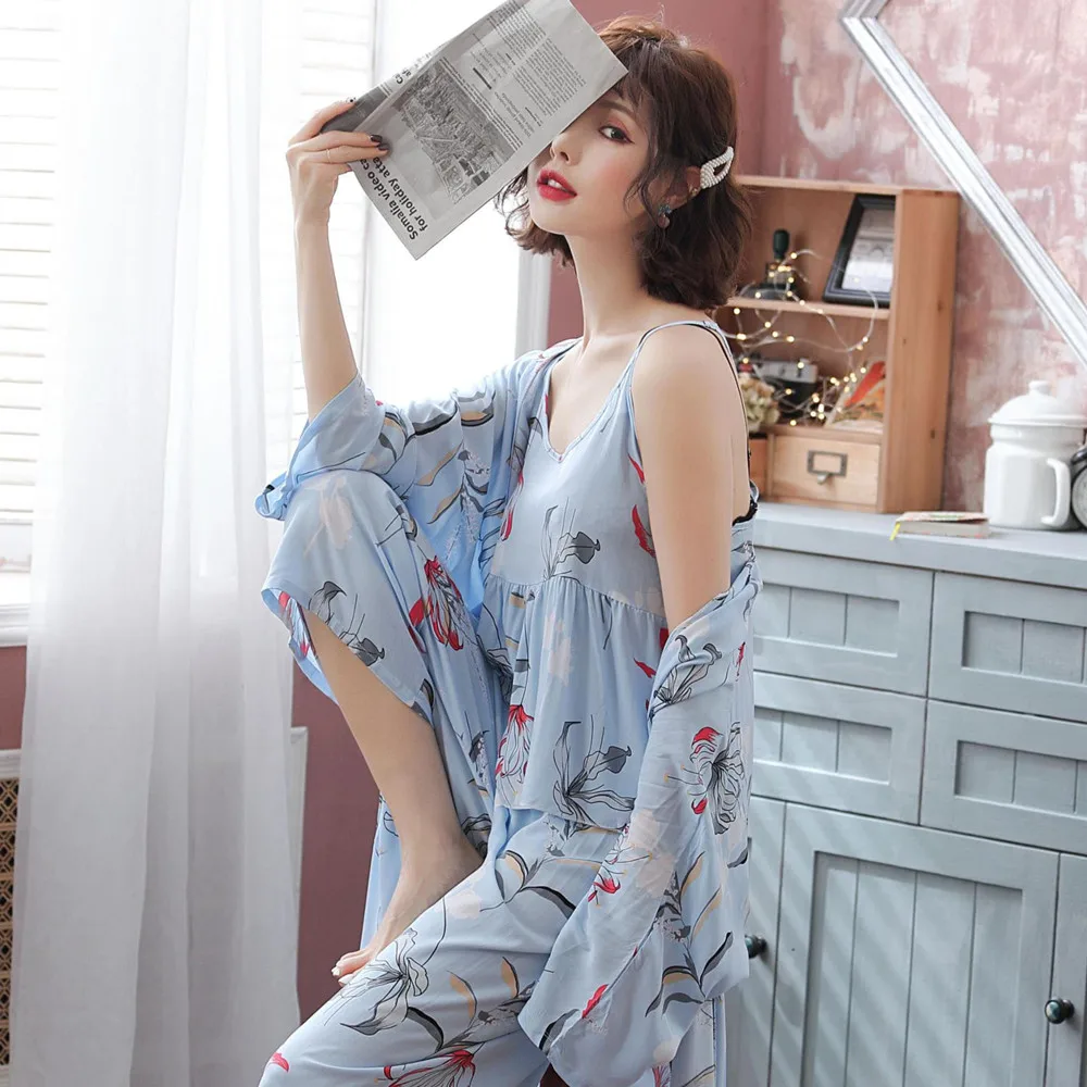 

3pcs Suit Robe Floral Sexy Home Pyjamas Women Loose Plus Size Robe Nightdress New Style Autumn Sleepwear Femme Robe Homewear