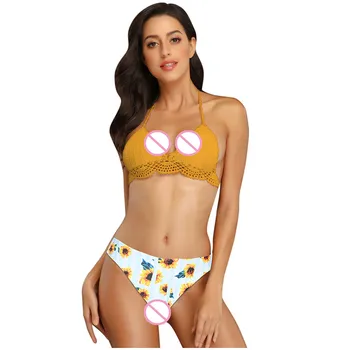 

Free Ostrich Sexy Lingerie Women Underwear Two Pieces Knit Push Up Bra Bandage Sunflower Panties Bra And Panty Set Biquinis 2020