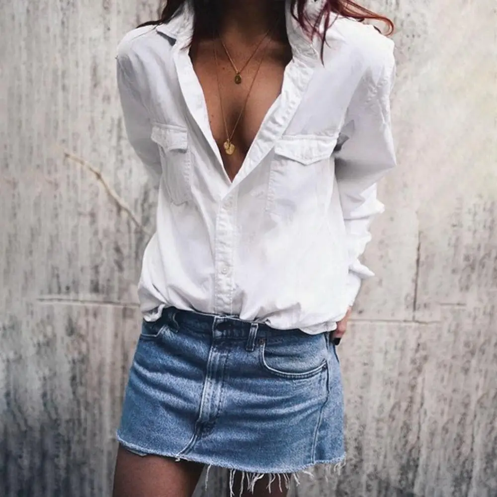 

2019 Long Sleeve Blouse Women New Casual Fashion Autumn Solid Turn-down Collar Pockets Button Front Tops Blouse Shirt Slim A1