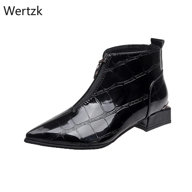 

2019 Chic Women Boots Shiny PU Leather Autumn Winter Shoes Woman Pointed Toe Block Ankle Boots Female Botas Zapatos Mujer A584