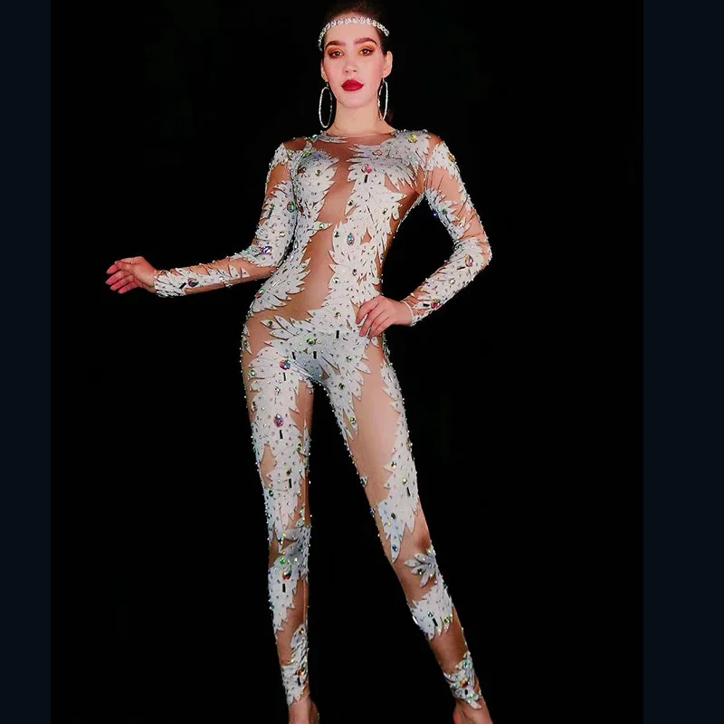 Multi-Color Rhinestones Printed Jumpsuit Long Sleeves Sexy Bodysuit Women Singer Bar Stage Prom Birthday Outfit Rave Wear DT1612