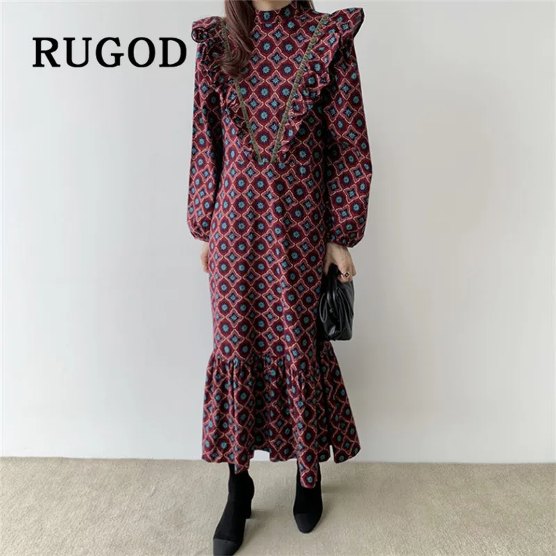 RUGOD 2020 весеннее корейское ретро платье макси однотонный топ с длинным рукавом для