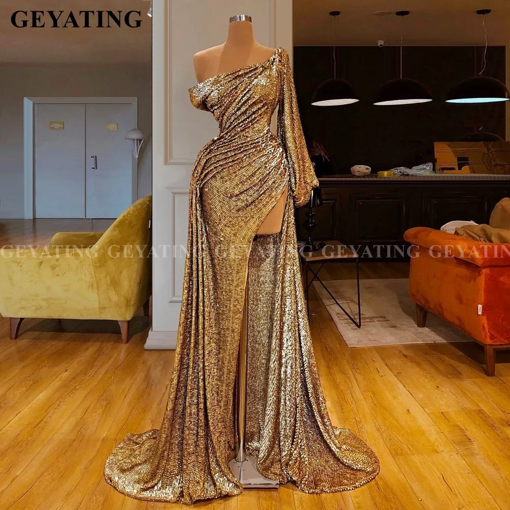 Саудовская Аравия Русалка золото расшитый блестками с длинными рукавом вечернее платье на одно плечо высокого платье с разрезом для выпускного вечера длинное Для женщин официальная Вечеринка платья - Цвет: Style C