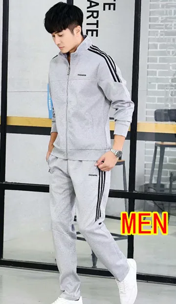 Men gray suit Осенне-зимний женский и мужской набор для бега, спортивный костюм с высоким воротником, куртки, спортивные штаны, для бега, для улицы, тренировочный костюм, командная форма, сделай сам - Цвет: Men gray suit