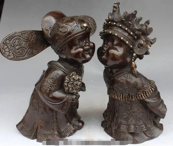 

906+++ 9" Chinese Pure Bronze Dragon Phoenix Couple Happy Bridegroom Bride Pair Statue
