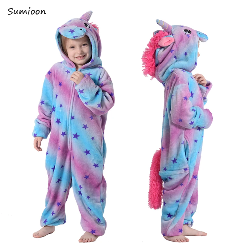 Blue star unicorn Kigurumi/Пижама с единорогом; комбинезон с животными для детей; одежда для сна для мальчиков и девочек; детская пижама с рисунком единорога; зимний комбинезон - Color: Blue star unicorn