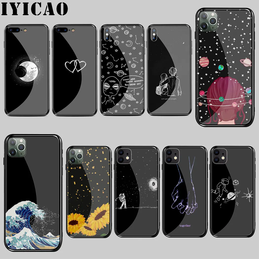 Black white cartoon pattern Tempered Glass Case for iphone 5 5S SE 6 6S 7 8 Plus 11 Pro X XR XS Max Cover |