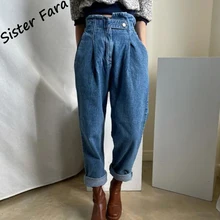 

Sister Fara Harem Denim Jeans Pants Women's Spring High Waist Single Button Pants Female Autumn Loose Straight Jeans Trousers