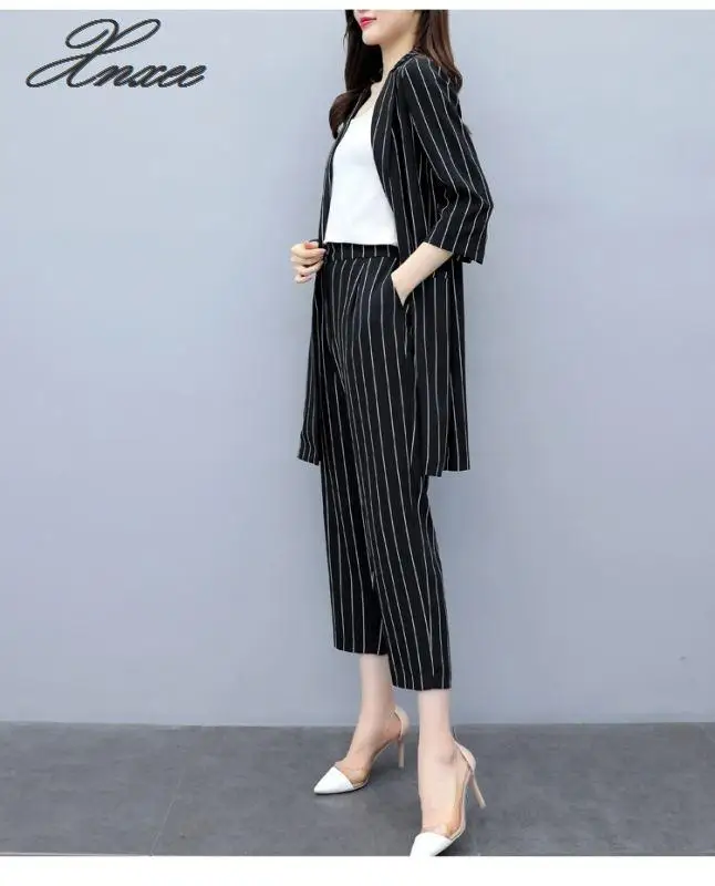 2019 autumn new Korean version was thin large size striped suit jacket pants two-piece fashion nine pants suit women Xnxee 2019 autumn new Korean version was thin large size striped suit jacket pants two-piece fashion nine pants suit women Xnxee