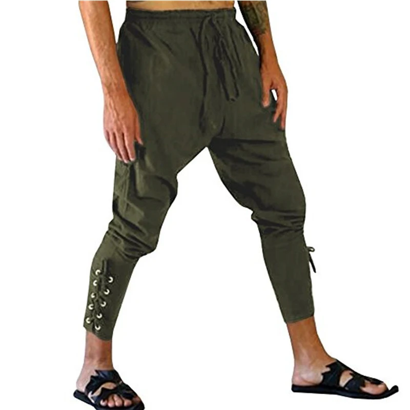 Halloween Adult Men Medieval 5XL Renaissance Lounge Pirate Horseman Costume Loose Pants Black Brown Navigator Leg Bandage