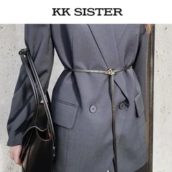 Kk 2021 marca de luxo elegante triângulo fivela de couro fino cinto camisola terno calças simples all match item quente