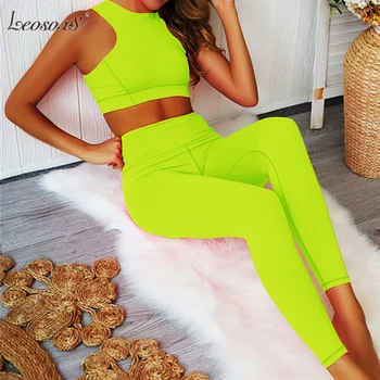 

Neon Women Two Piece Set O Neck Back Zipper Patchwork Crop Top Stretchy Full Length Pant Gym Sportswear 2 Pcs Outfit For Lady