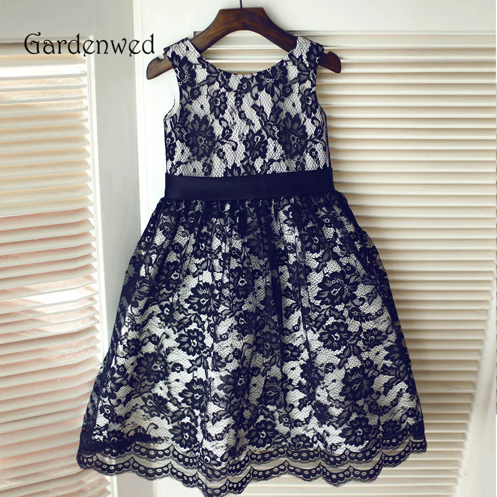 

Gardenwe Black Floral Pattern Lace Flower Girl Dress 2023 A line Little Baby Wedding Party Dress Tank Satin Belt Child Kids Gown