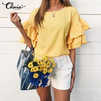 

2020 Summer Celmia Women Blouses Ruffles Sleeve Loose Tunic Tops Casual Round Neck Pleated Shirts Plus Size Ladies Blusas Mujer