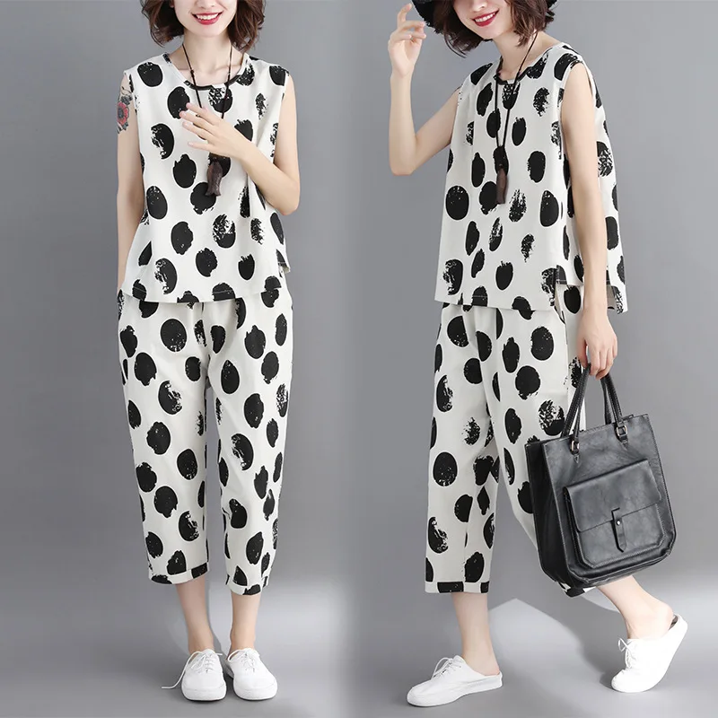 

Photo Shoot 2018 Summer New Style Cotton Linen Printed Dotted Two-Piece Set