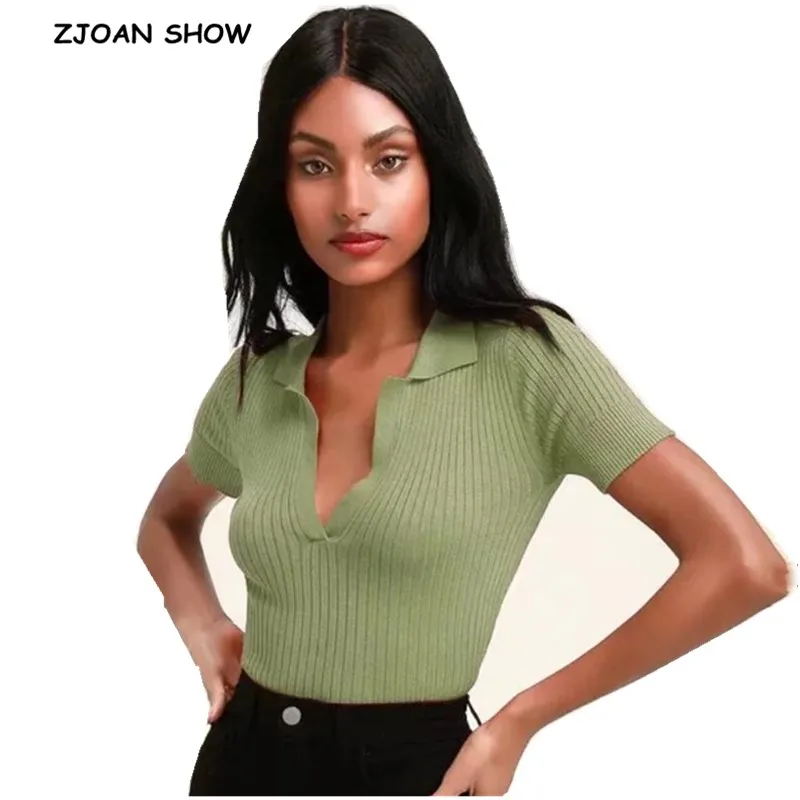 

2019 Summer Women Knitting Striped Line Lapel V neck Sweater Vintage Exposed navel Short Pullover Knitwear Jumper Tops Sexy