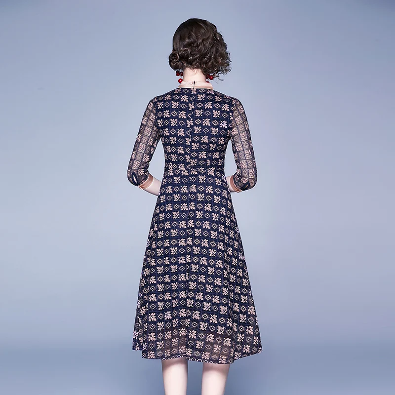 DROWYD Queen Vintage Lace Midi Dress Women Winter Fashion Girl Boho Navy V-neck Dress Elegant Nightclub Party Dresses Vestidos