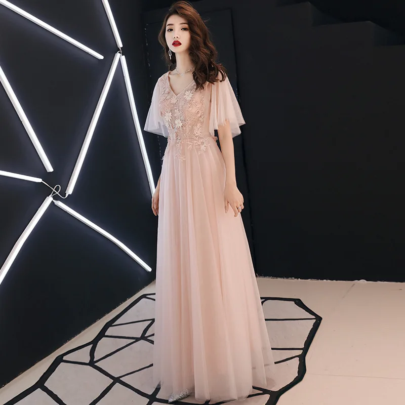 

Evening Dresses Nude Pink Crystal A-Line Formal Prom Gowns V-Neck Embroidery Elegant Party Dress Lace Up Robe De Soiree E411