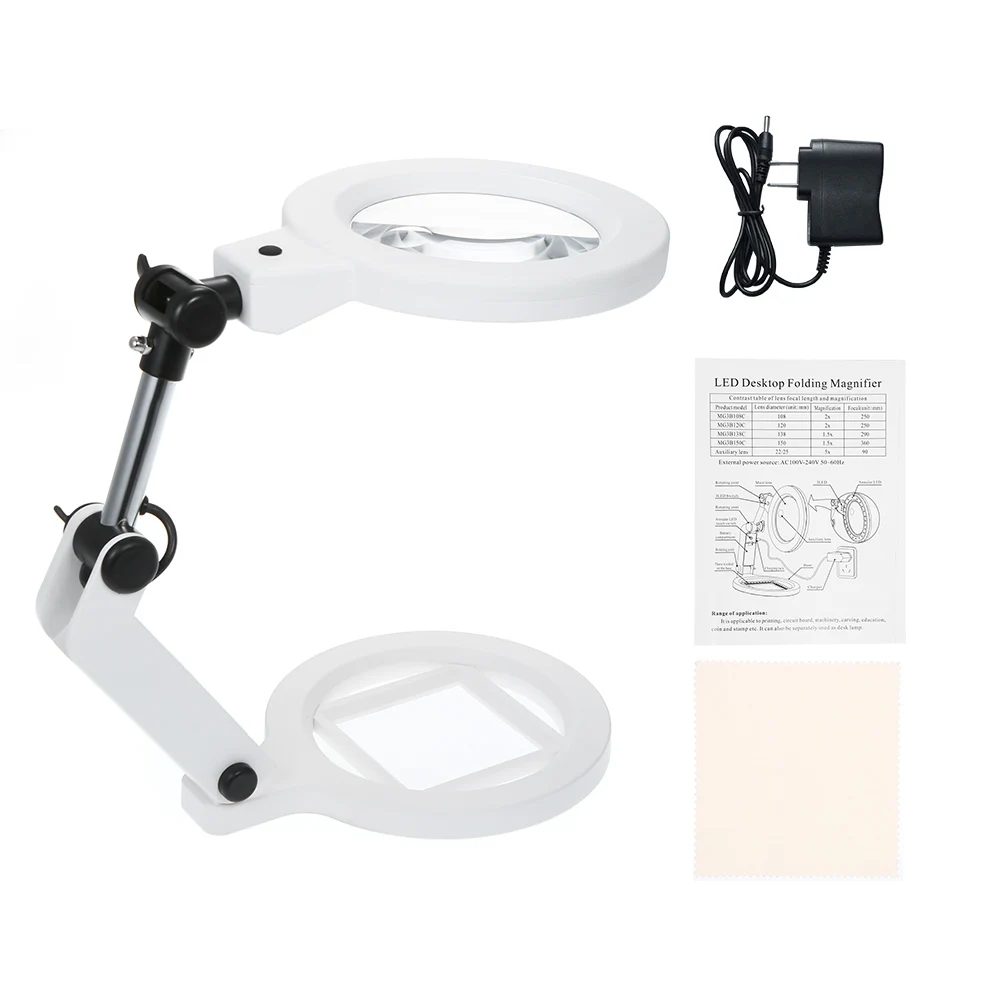 Folding Magnifier 2X/5X Magnifying Glass Foldable Magnifier Magnifier with Light and Stand Desktop LED Magnifier and Desk Lamp