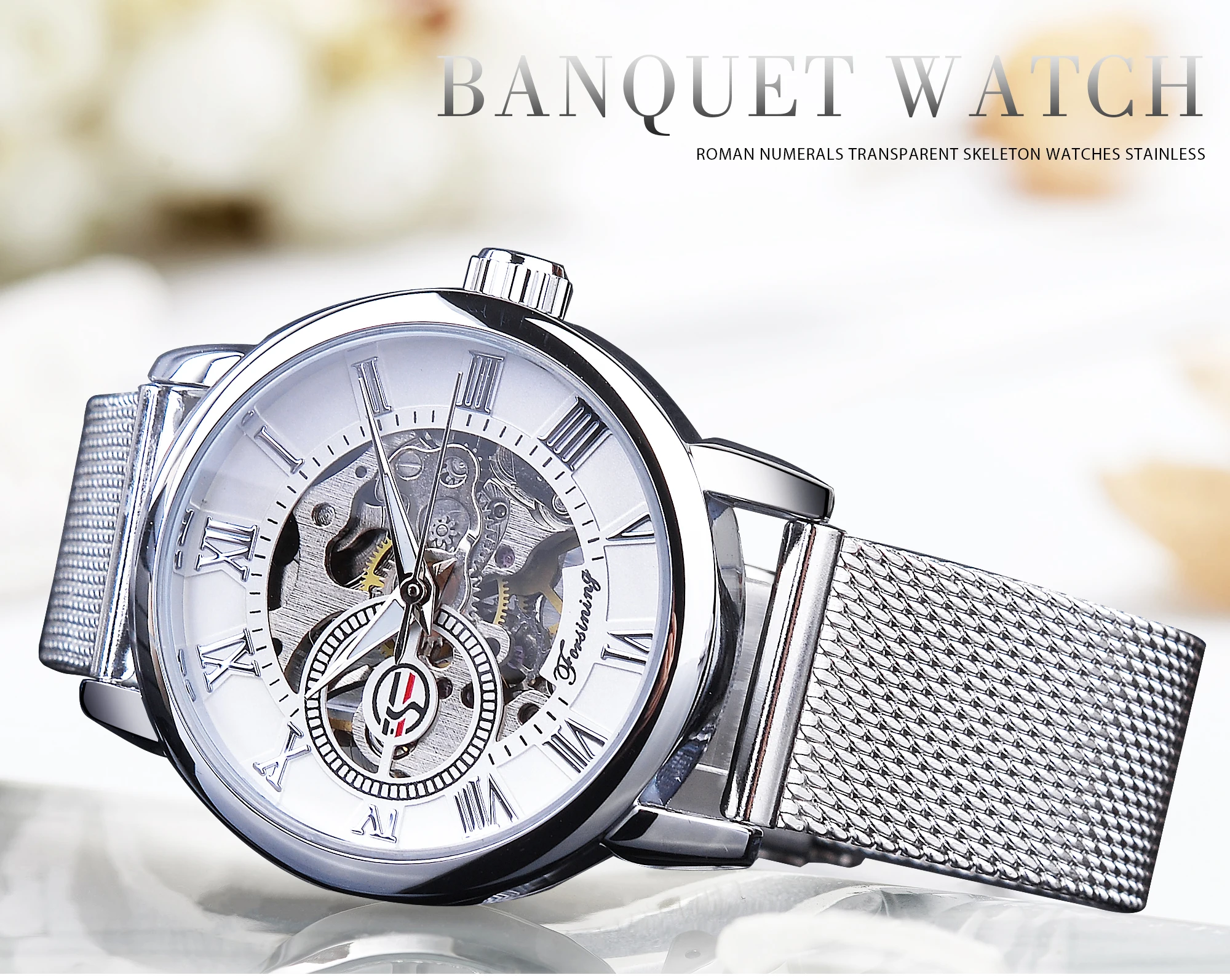 Forsining Fashion Women's Luxury Rose Golden Mechanical Watch Roman Numerals Transparent Skeleton Watches Stainless Steel Clock