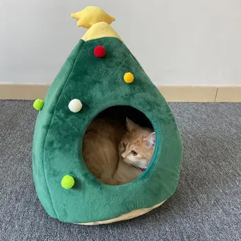 

Breathable Dog Cat Sleeping Nest Foldable Puppy Kitten Warm Lovely Bed Washable Pet Soft Xmas Tree Shape PP Cotton House
