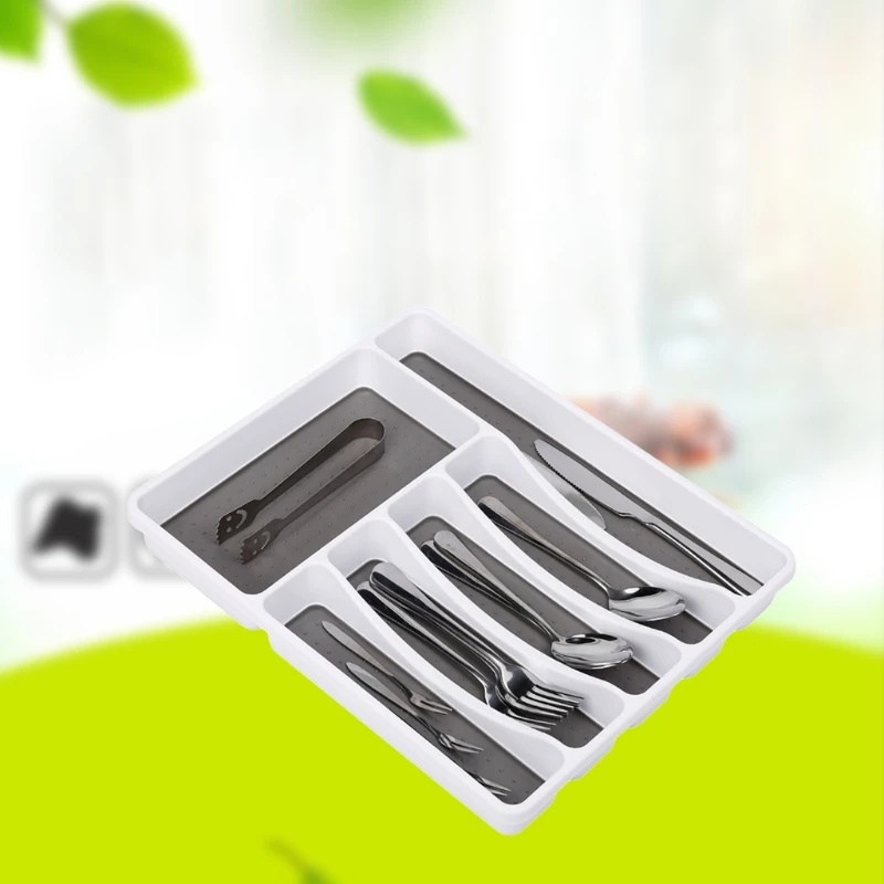 

Classic Small Silverware Tray White 6-Compartments Icons help sort Flatware, Utensils and Cutlery Soft-grip Lining and N