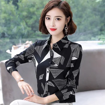 

Classic Lady Black Chiffon Blouses Plus Size S-4XL Printed Design OL Clothing 2019 Women Casual White Shirts