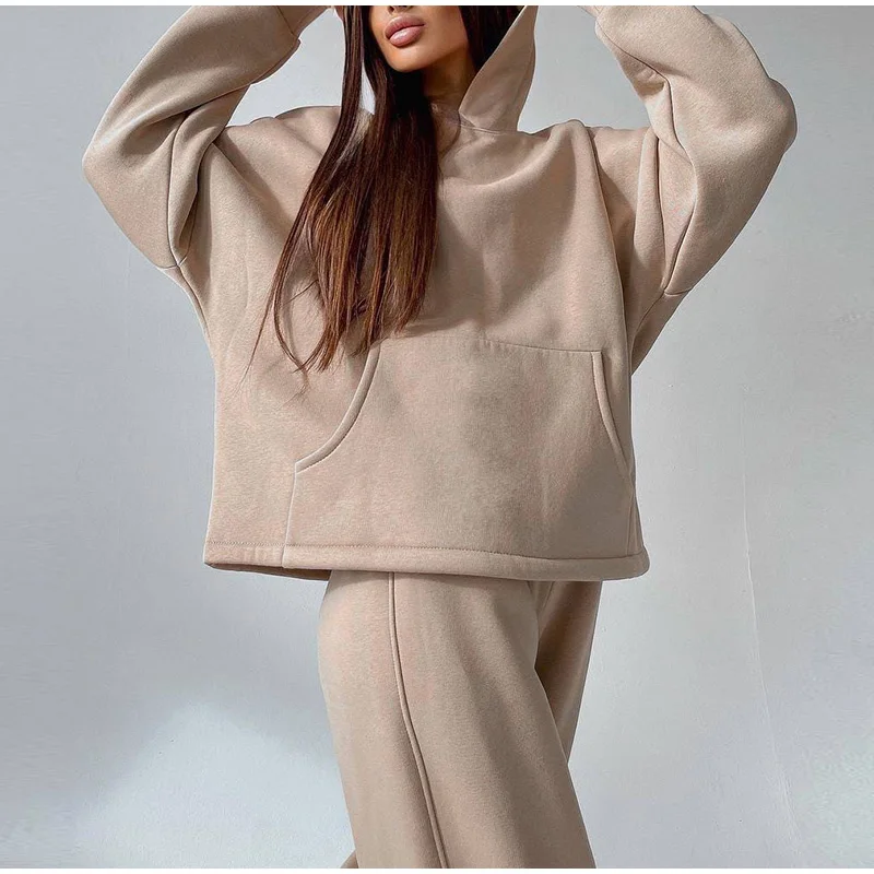 Women Basic Hooded Tracksuit Two Piece Sets Pullover Sweatshirt Top And High Waist Wide Leg Pant Suits Female Fashion Streetwear tweed two piece set