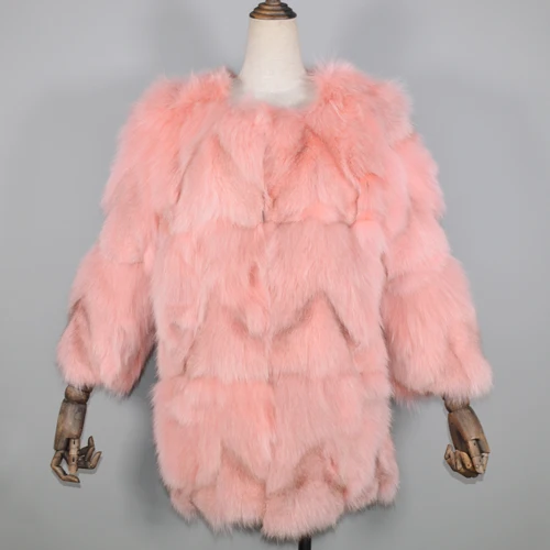 pink Стиль осень зима натуральный Лисий мех куртка Женская длинная стильная шуба из натурального Лисьего меха натуральный Лисий мех пальто - Цвет: pink