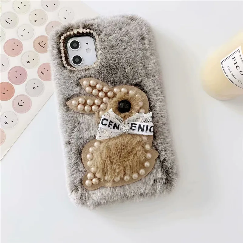 新款珍珠兔子小熊毛绒手机壳 (9)