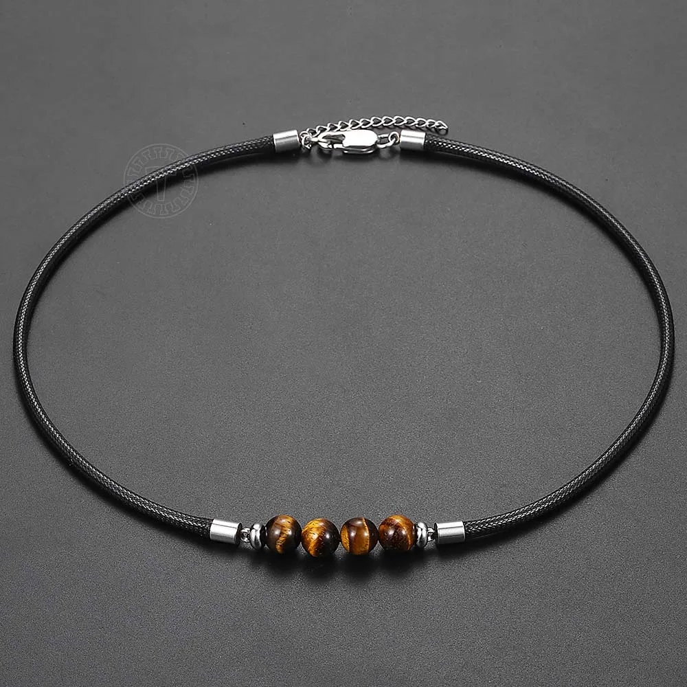 Trendsmax 8mm Natural Tiger Eye Stone Bead Necklace Charm Black Leather Cord Choker Necklace for Men Women Jewelry Gift DN125